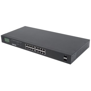 INTELLINET 16-Port Gigabit Ethernet PoE+ Switch mit 2 SFP-Ports und LCD Anzeige (PoE+/PoE) 370 W Endspan 19 Zoll Rackmount schwarz