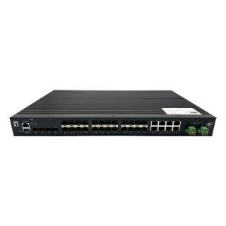 LevelOne 28-Port Managed Gigabit Industrial Glasfaser Switch der L2-Plus-Klasse mit 16 SFP-Anschlüssen für 1 Gigabit/s, Ist kompatibel mit 8 x Gigabit SFP/RJ45 Combo und 4 x 1/2.5GbE SFP, Redundantes Netzteil, -40°C bis 80°C, Managed, L2+, Rack-Einba