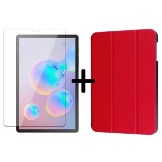 2in1 Set für Samsung Galaxy Tab S6 10.5 SM-T860 SM-T865 Tablet mit Bookcover + Schutzglas mit Auto Sleep/Wake Schlafmodus Hülle Rot